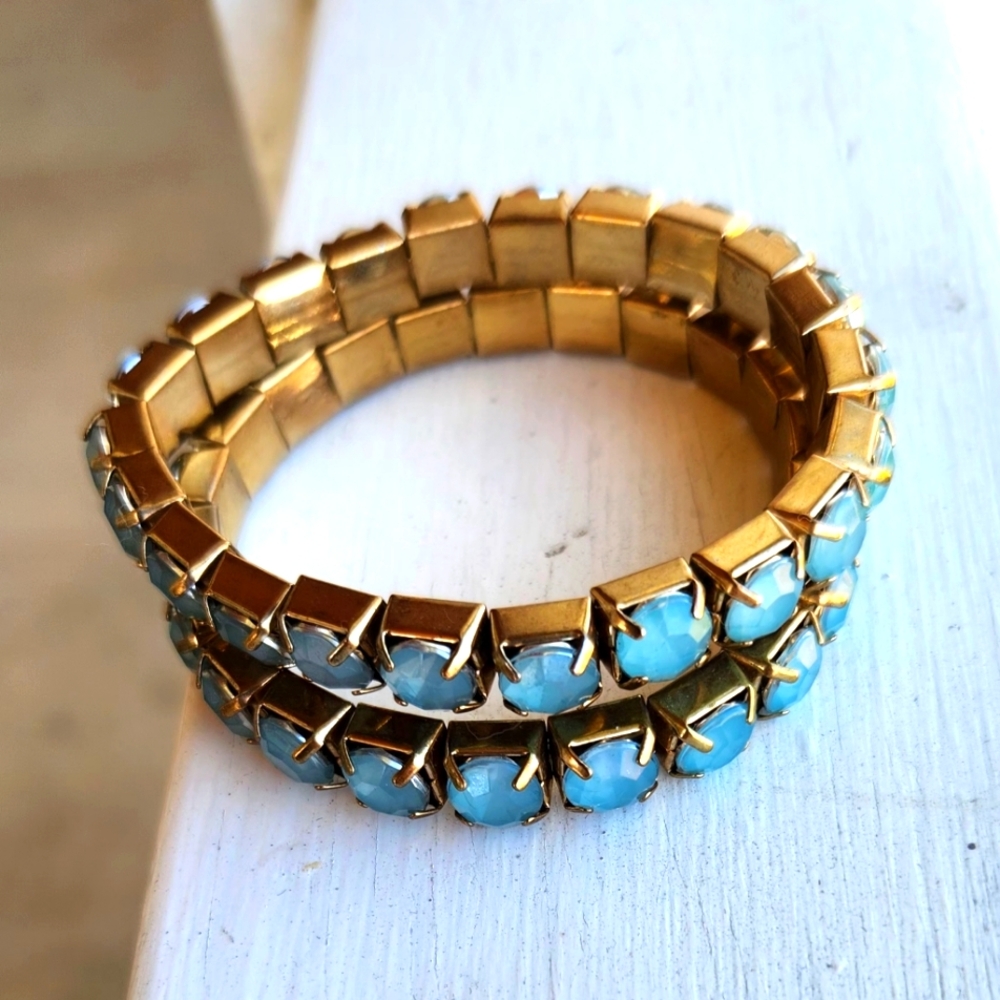 2 Gold Tone Aqua Plastic Faceted Rhinestone Stretch Bracelet